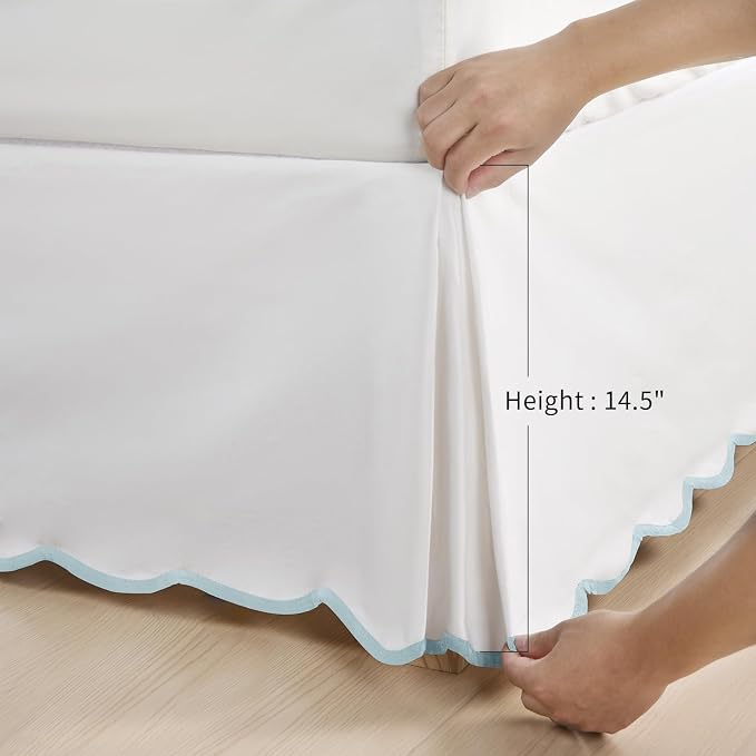 HIG Chic 12'' Queen BedSkirts Scallop Edge Pleated Dust Ruffle | Easy Fit, Anti-Slip, Thick Fabric for Enhanced Privacy, Pre-Washed for Long-Lasting Use, Off White/Aqua