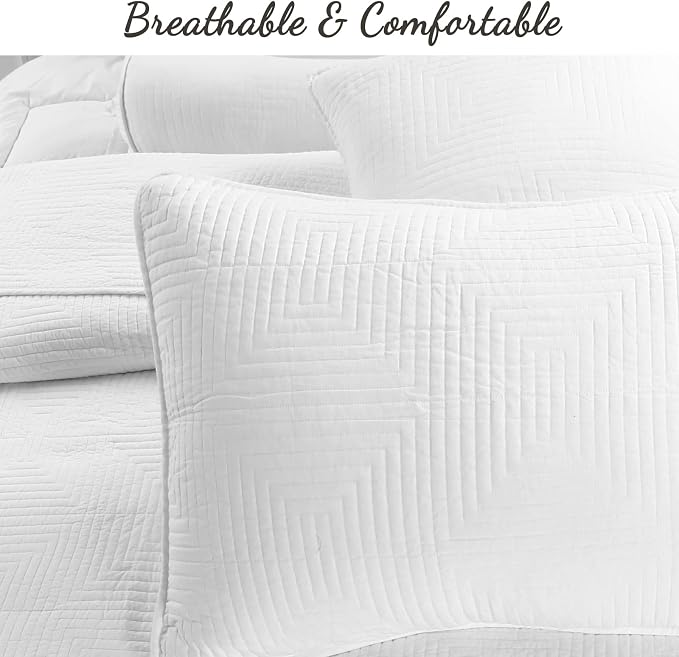 Cozy Line Home Fashions 100% Cotton Square Check Stitch Solid White Quilt Bedding Set, Bedspread Coverlet Lightweight for All Seasons (Maze - White, King - 3 piece)