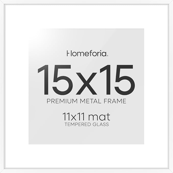 Homeforia 15x15 White Picture Frame, High-End Metal, 11x11 Mat, Glass