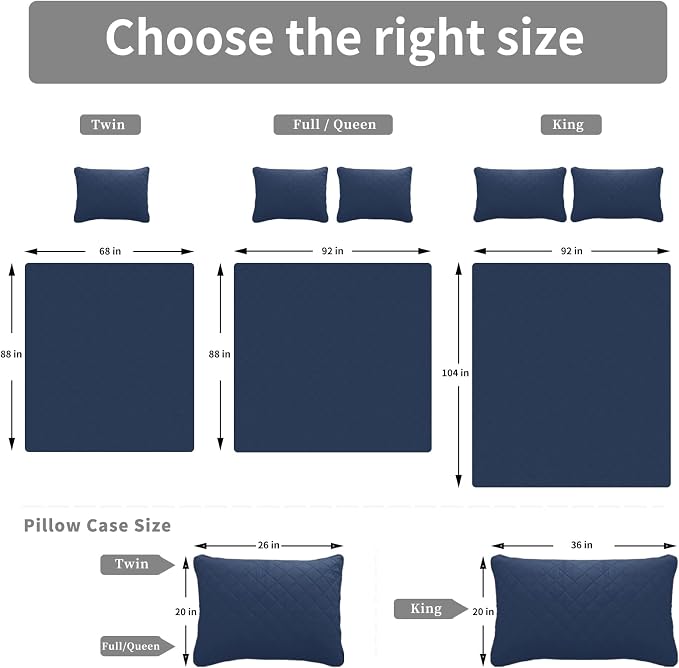 Easy-Going Full/Queen Size Reversible Quilt Set with 1 Quilt and 2 Pillow Shams, Soft Bed Quilt Cover, Water Resistant Lightweight Microfiber Bedspread, Stain Resistant, Dark Blue/Light Blue | Dark Blue/Light Blue, Lightweight Bed Comforter, 1 Quilt + ...