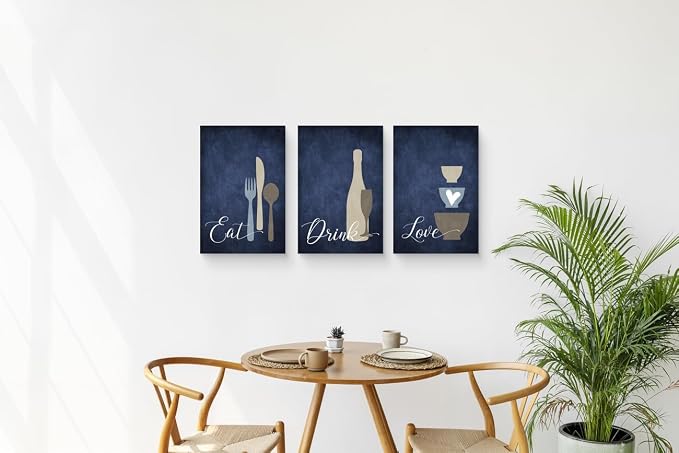 GUBIYU Kitchen Wall Art Set of 3, Navy Blue Wall Art, Rustic Farmhouse Decor, Eat Drink Love Sign, 24"x36"