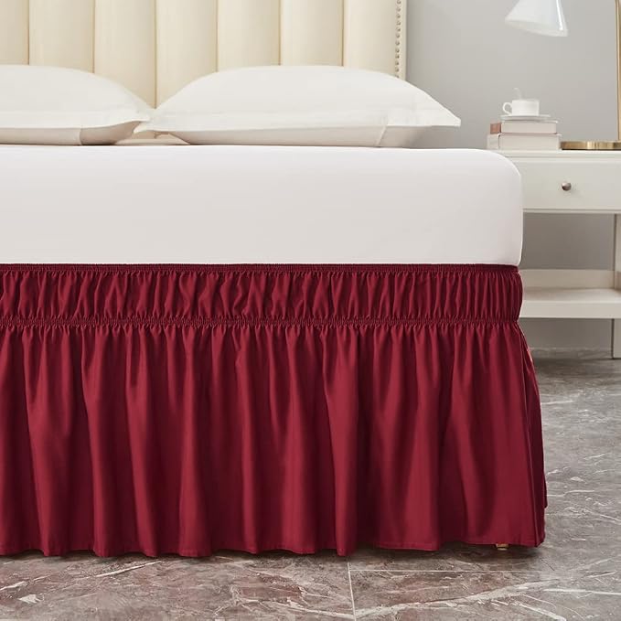 MEILA Wrap Around Bed Skirt for Queen & King Beds, 16" Drop, Burgundy | Three-Side Adjustable Elastic Dust Ruffle, Ruffled Polyester Fabric, Easy to Install, Fade Resistant & Machine Washable