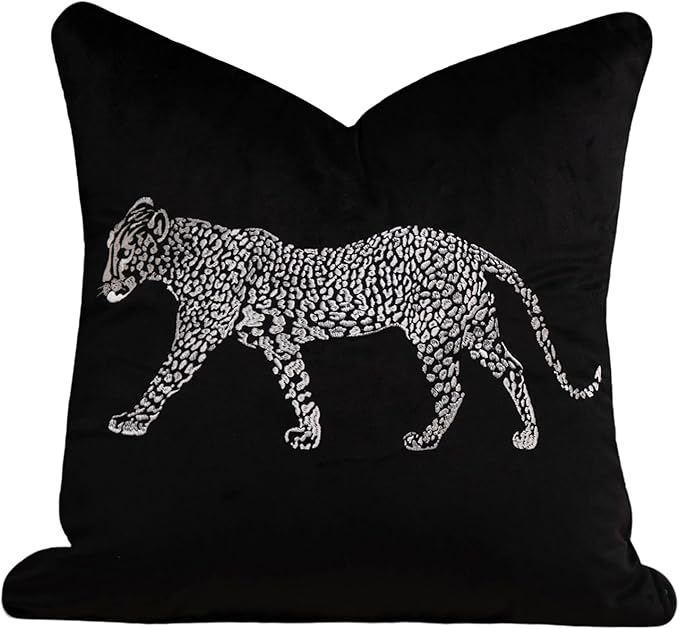 vctops Soft Velvet Embroidery Square Decorative Throw Pillow Covers Leopard Pattern Cushion Case for Sofa Bedroom Couch (Black,18"x18")