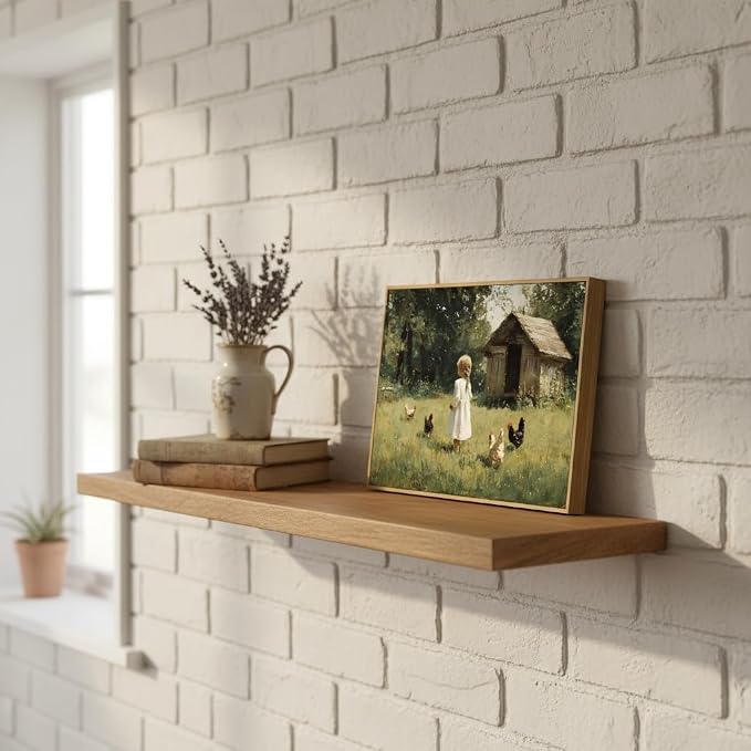 Misubvy Vintage Farmhouse Girl Canvas Wall Art,8x10in | Floating Framed- Chicken Poster Prints.Rural Cottagecore Picture,Country Painting for Bedroom Living Room Wall Decor
