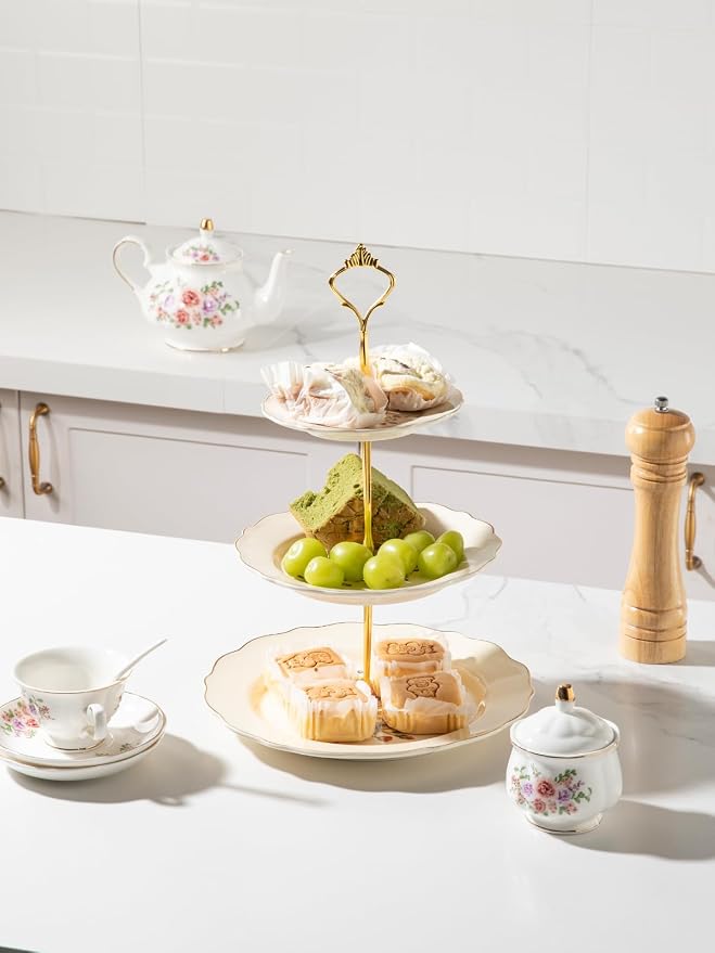 Sweejar 3 Tier Ceramic Cake Stand Wedding, Dessert Cupcake Stand for Tea Party Serving Platter(Flower Style)