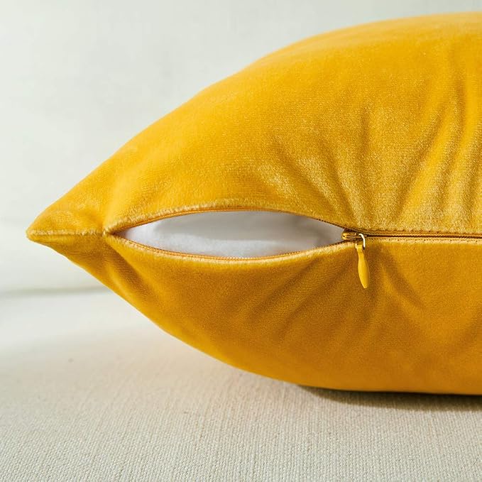 Fancy Homi 2 Packs Yellow Decorative Throw Pillow Covers 18x18 Inch for Living Room Couch Bed, Yellow and White Velvet Patchwork with Gold Leather, Luxury Modern Accent Square Cushion Case 45x45 cm