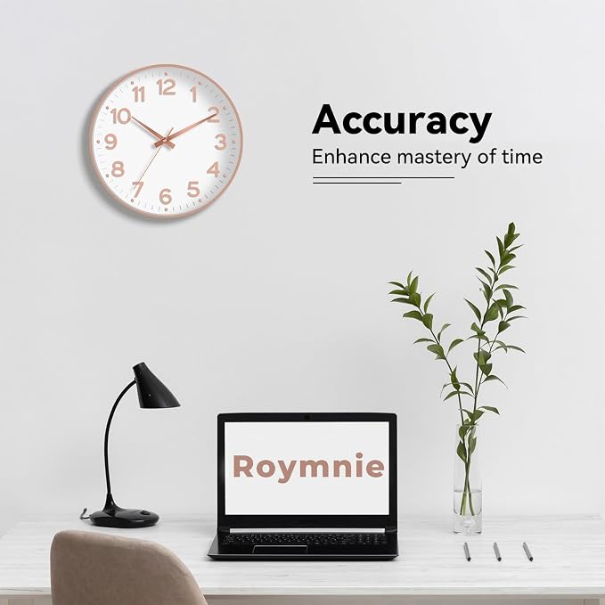 Roymnie 8 Inch Wall Clock, Battery Operated Silent Non Ticking Analog | White Rose Gold modern analog; large 3D easy-read dial for kitchen, office, bathroom & bedroom; 1 AA battery (not included)