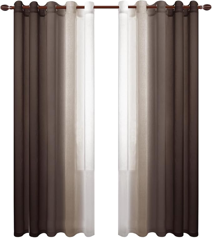 DWCN Ombre Faux Linen Sheer Curtains - Extra Wide Gradient Semi Voile Grommet Top Bedroom and Living Room Curtains, 60 x 84 Inches Long, Set of 2 Window Curtain Panels, Chocolate Brown