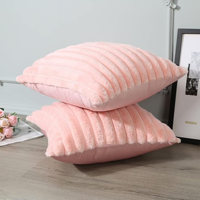 Soleebee Set of 2 Throw Pillow Covers Soft Cozy Velvet Pillowcase Faux Rabbit Fur Cover for Couch Sofa Bed Chair Home Decorative Pillows Cover (16x16 Inch, Pink)