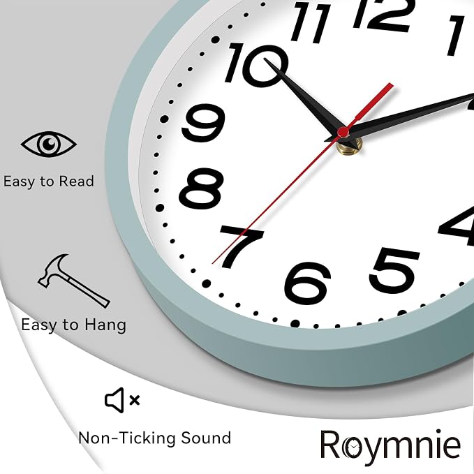 Roymnie 8 Inch Small Wall Clock, Battery Operated Silent Non Ticking | Blue Gray analog wall clock; bold numerals for easy reading; silent non-ticking; 1 AA battery (not included); for classroom