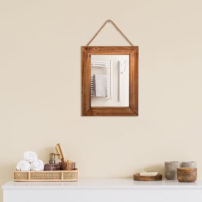OKSQW Farmhouse Wall Mirror Brown Rectangle Rustic Wood Mirror 16 X 12 Inch Decorative Wood Frame with Mirror and Hanging Hemp Rope, Hanging Mirror for Bathroom Bedroom, Entryway, Dresser Wall Mirror