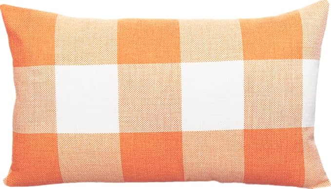 VAKADO Orange Buffalo Plaid Fall Throw Pillow Covers 12x20 Set of 2 | Orange buffalo check polyester, hidden zipper.Outdoor Fall porch decor for Thanksgiving. machine washable.