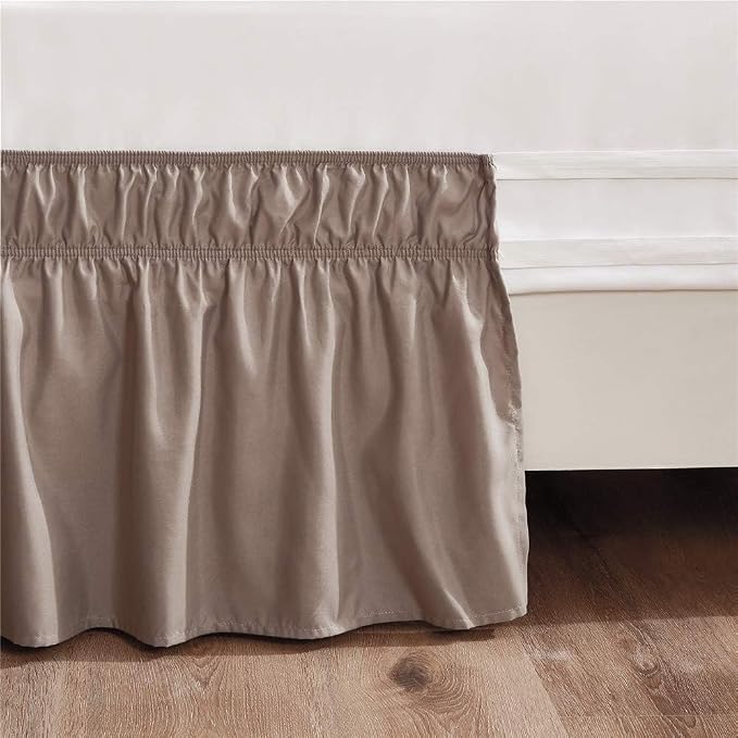 MEILA Wrap Around Elastic Bed Skirt for Queen & King Beds, 12" Drop, Taupe | Three-Side Adjustable Elastic Dust Ruffle, Ruffled Polyester Fabric, Easy to Install, Fade Resistant & Machine Washable