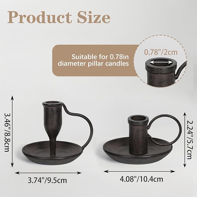 Matte Black Iron Candle Holder with Handle 2 Pcs Taper Candle Sticks Holder