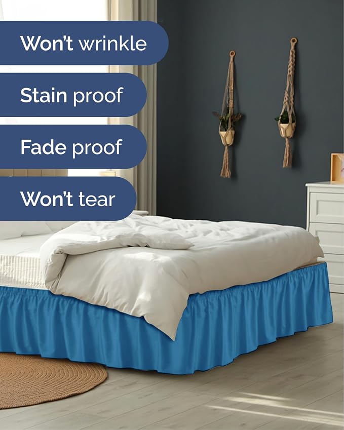 Wrap Around Dust Ruffle Bed Skirt - Denim Blue - for Twin Size Beds w/ 14 Inch Drop - Easy Fit Elastic Strap - Adjustable Pleated Bedskirt w/Brushed Fabric - Wrinkle Free - Women, Men, Kids & Teens