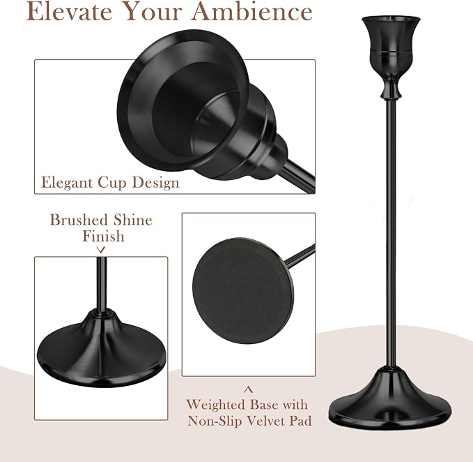 Black Candlestick Holders Set of 6 Weighted Stable Base | Metal Taper Candle Holders in Brass, Vintage Modern Decorative Centerpiece for Weddings, Dining, Parties, Anniversary