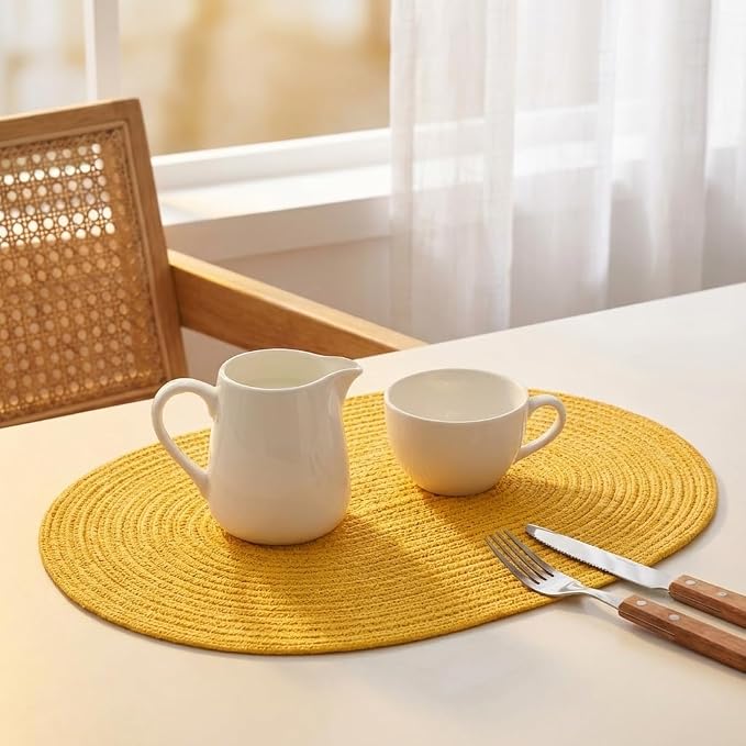 Placemats Set of 8, Woven Oval Braided Dining Table Mats(Mustard Yellow) | 12 x 17.5 Inch Size Fits Plates and Flatware; Hand Washable and Heat Resistant for Kitchen Use, with Farmhouse and Boho Style