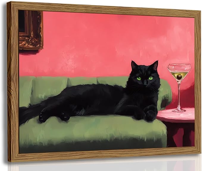 Cute Black Cat With Martini Wall Art Funny Animal Wall Decor Quirky Whimsical Cocktail Bar Cart Canvas Painting Poster Prints Pet Lover Picture Aesthetics for Bedroom Living Room Framed 16x24 inch