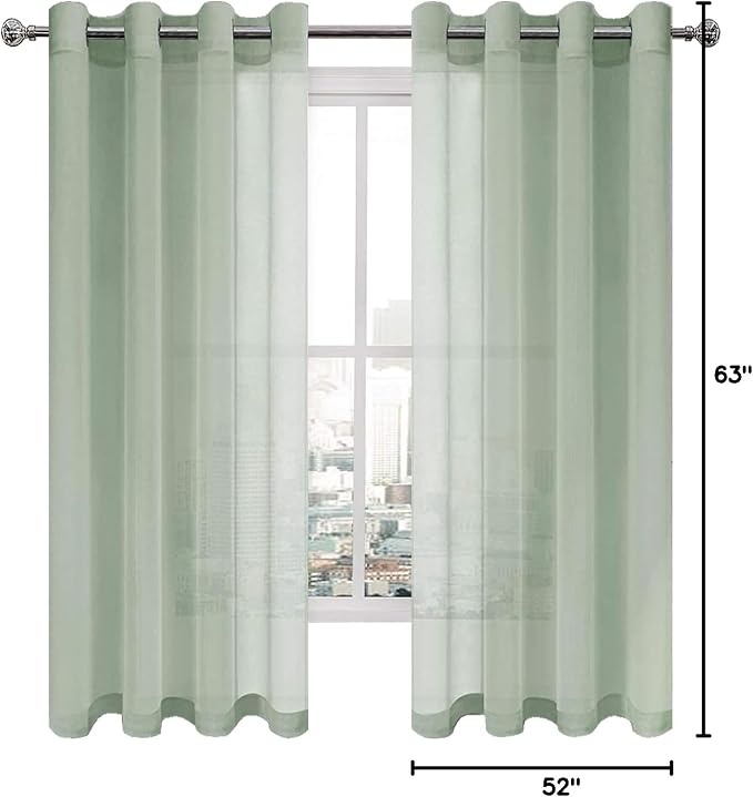 DWCN Sheer Curtains for Living Room Bedroom - Faux Linen Look Voile Drapes Grommet Top Window Curtain Panel 52 x 63 Inch Length, Bean Green, Set of 2 Panels