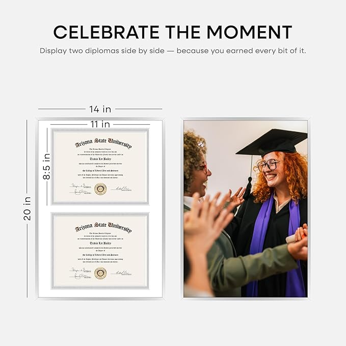 Homeforia 14x20 Silver Diploma Frame, High-End Metal, 8.5x11 Mat, Glass