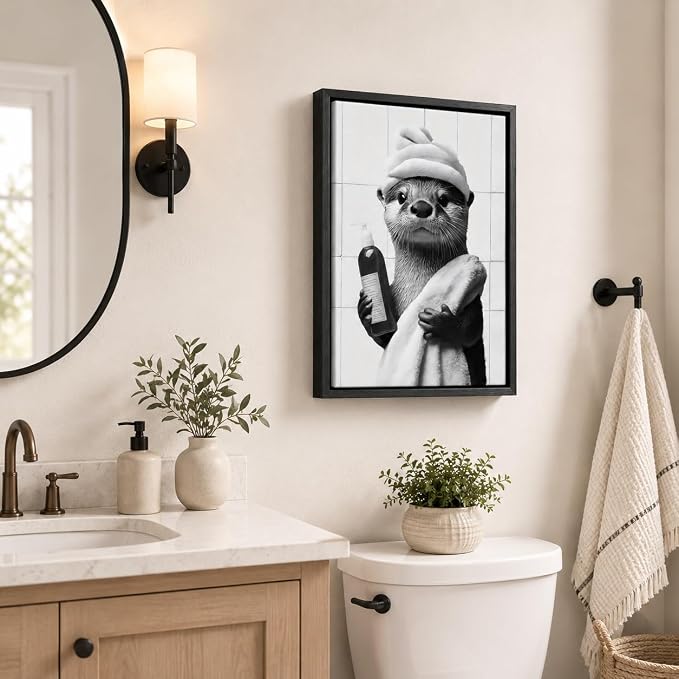 Framed Funny Bathroom Otter Canvas Wall Art Cute Otter Painting Picture Wall Decor Black and White Bathroom Animal Poster Print Artwork for Toilet Restroom Home Decoration 8x10in