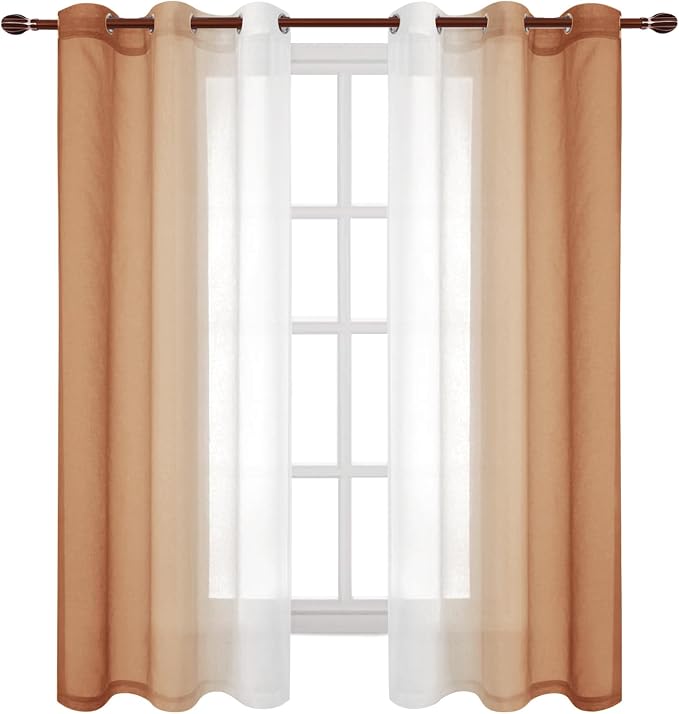 DWCN Autumn Faux Linen Ombre Sheer Curtains - Gradient Semi Voile Curtains for Bedroom and Living Room, Set of 2 Grommet Top Window Curtain Panels, 42 x 63 Inches Long, Burnt Ochre