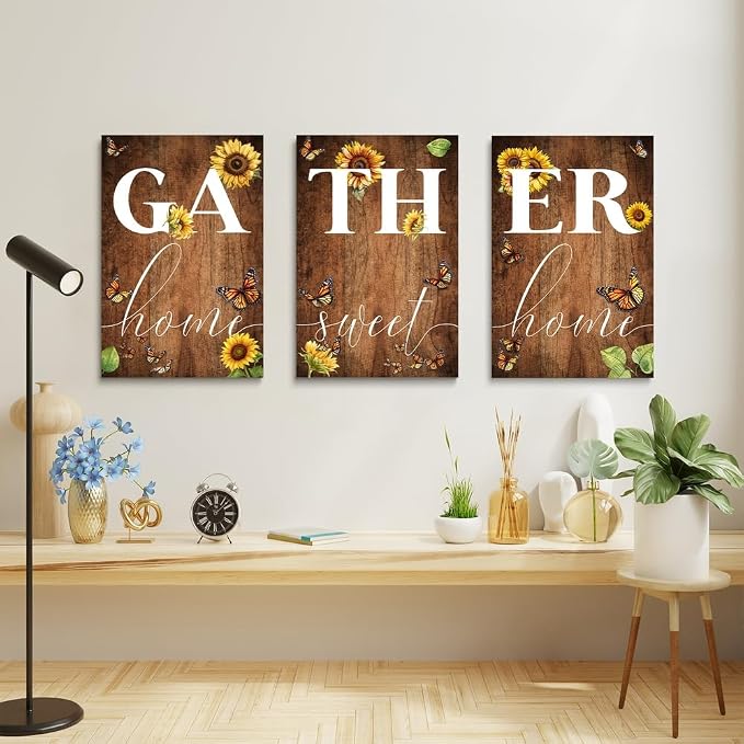 GUBIYU Farmhouse Dining Room Wall Art Gather Signs for Home Decor Kitchen Pictures for Wall Decorations Large Home Sweet Home Wall Decor Motivational Saying Quotes Poster Rustic Prints Artwork 16"X24"