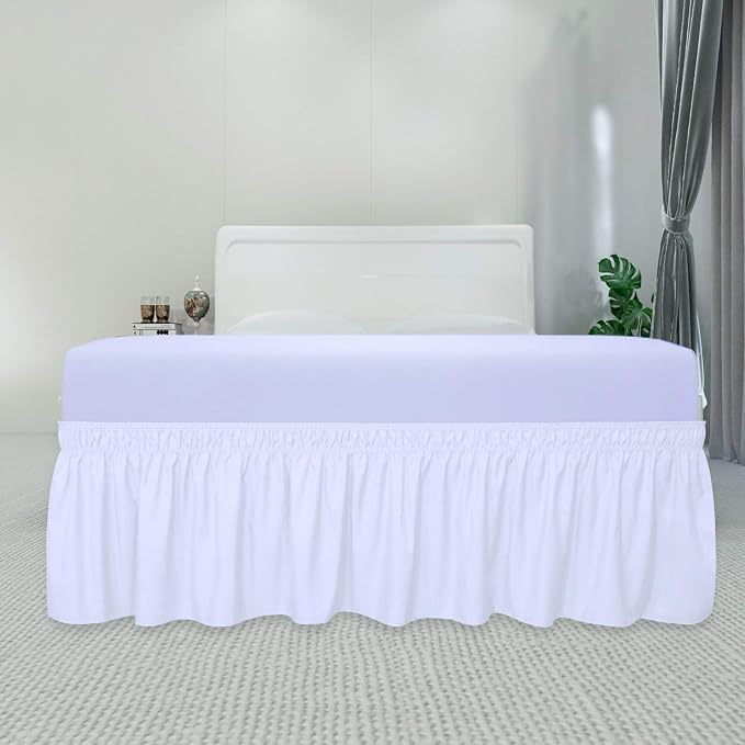 PureFit Wrap Around Ruffled Bed Skirt, White, Queen/King - 18" Drop | Wrinkle Free Bedskirt Dust Ruffles, Easy to Put On Frame Cover with Adjustable Elastic Belt