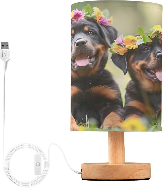 Bedside Lamp Rottweiler Dog Puppy Table Lamp for Bedroom LED Nightstand Lamp Shade USB Ports Wood Base for Living Room Dorm Office