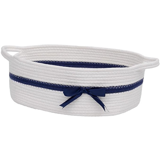 CHICVITA Small Woven Rope Gift Basket, Decorative Shelf Basket, White Blue | 13" x 10" x 5" Storage Baskets for Toys & Baby Essentials, Fits Nursery & Bedroom Organization, Built-In Handles, Bow Design