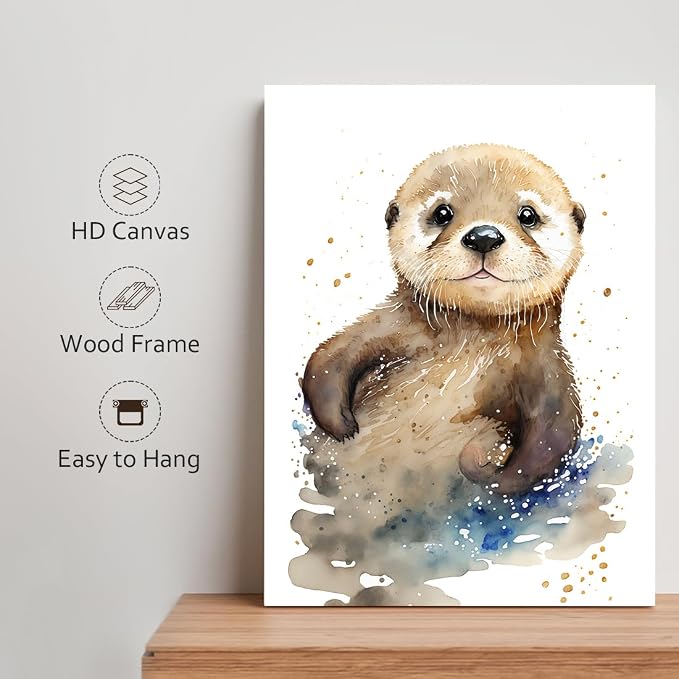 C8BUSIS Otter Canvas Wall Art Watercolor Animal Pictures Cute Otter Wall Decor Painting Splash-ink Poster Print for Bedroom Living Room Kitchen Bathroom Office Decoration (12x16inch, Framed)