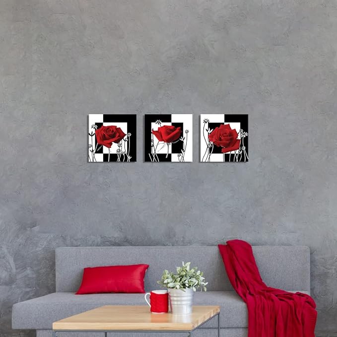 NAN Wind Canvas Print 3 Pcs Black and White Red Rose Canvas Art Painting Abstract Wall Art Decorations Flower Picture on Canvas for Home Decor Stretched and Framed (14X14inchX3pcs, rose2)