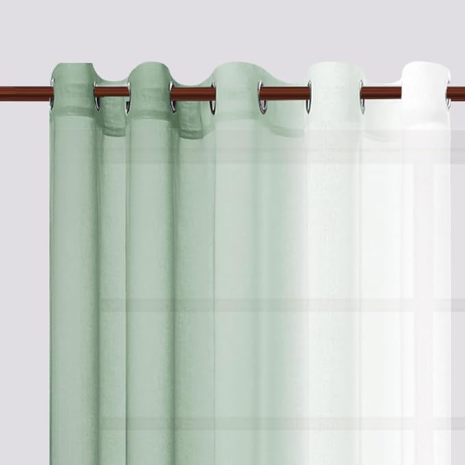 DWCN Ombre Faux Linen Sheer Curtains - Extra Wide Gradient Semi Voile Grommet Top Bedroom and Living Room Curtains, 60 x 84 Inches Long, Set of 2 Window Curtain Panels, Sage Green
