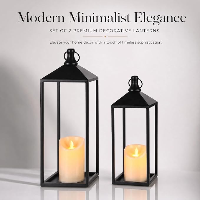 Lanterns Decorative Outdoor Indoor, 17" 13" Set of 2 Black Candle Lanterns | No Glass Metal Outdoor Lantern for Porch, Patio, Mantel, Fireplace, Home Decor, Modern Farmhouse Lantern Decor