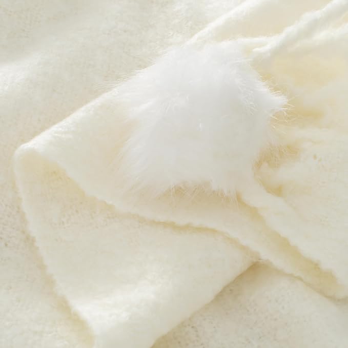 White Pom Pom Throw Blanket for Couch, 60"X80" Soft Lightweight Knitted Farmhouse Decorative Blankets for Bed and Sofa