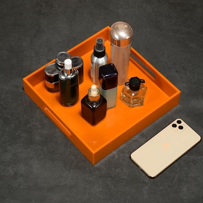 KEVLANG Orange Sturdy Acrylic Serving Tray with Handles-10x10Inch-Serving Coffee,Food,Breakfast,Butler-Kitchen Countertop Tray-Makeup Drawer Organizer-Vanity Table,Ottoman Tray-Decorative Tray