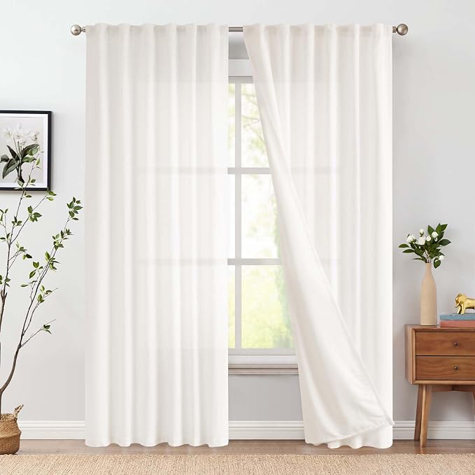jinchan Lined Linen Curtains Privacy Back Tab 50x108 Inch 2 Panels White | Light Filtering Curtains with Privacy Liner, Cottage Core Farmhouse Curtains for Living Room, Rod Pocket 108 Inch Length