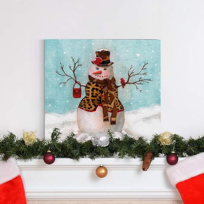 Renditions Gallery Canvas Wall Art Paintings & Prints Snowwoman with Hat & Cardinal in Winter Snow Abstract Hanging Artwork for Bedroom Home Kitchen Wall Decorations - 16"X16" LT05