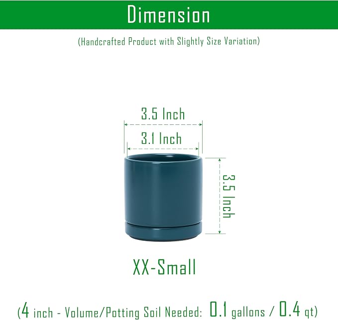 D'vine Dev 3.5 Inch Ceramic Planter Pot, Teal, 94-O-A-9 | Modern Cylinder Design, Drainage Hole & Saucer Included, Stable Structure, Elegant Home Accent