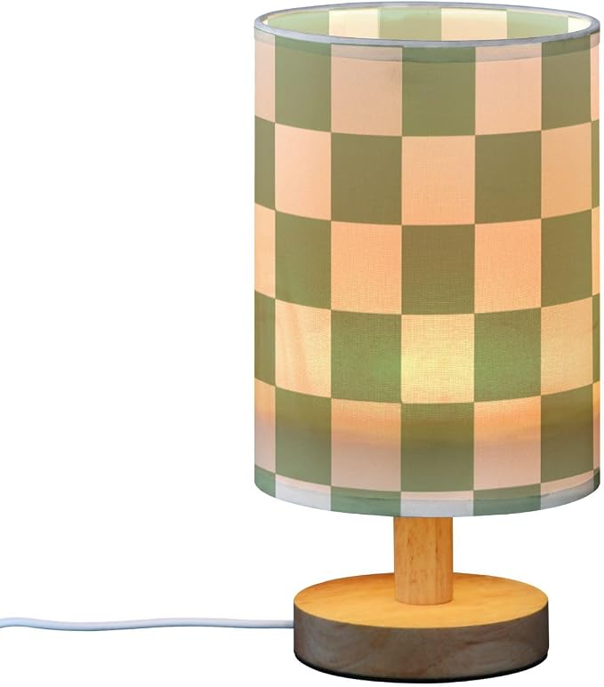 Bedside Lamp Green White Checkered Pattern Table Lamp for Bedroom LED Nightstand Lamp Shade USB Ports Wood Base for Living Room Dorm Office