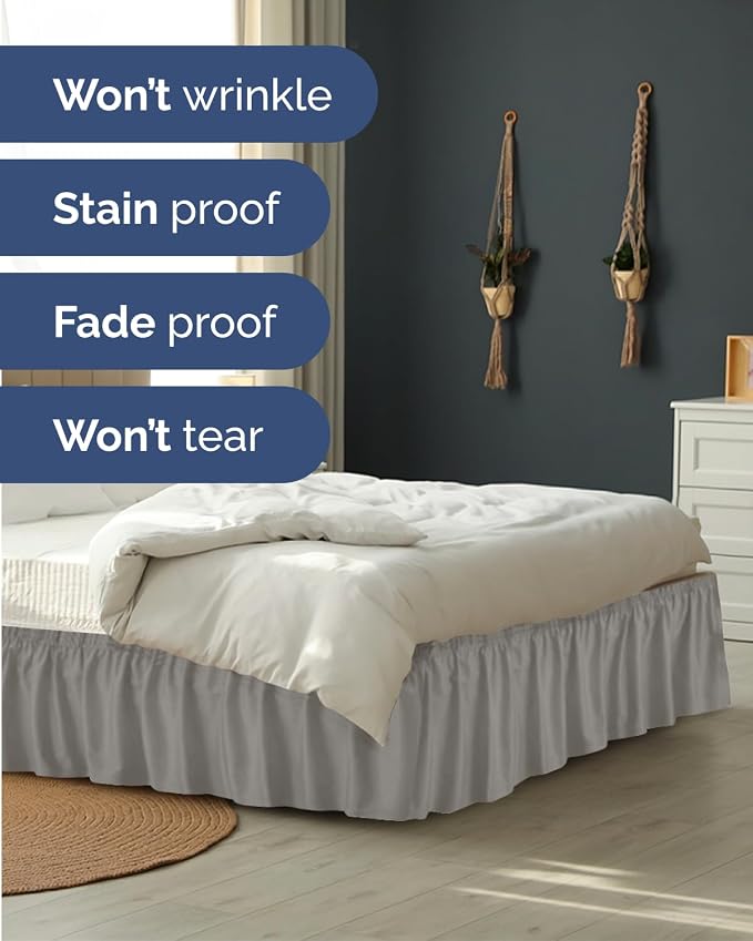 Wrap Around Dust Ruffle Bed Skirt, Queen Size - 14 Inch Drop, Light Grey | Easy Fit Elastic Strap, Adjustable Pleated Bedskirt w/Brushed Fabric, Wrinkle & Fade Free, for Women, Men, Kids & Teens
