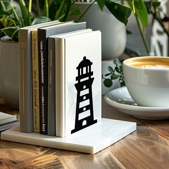Peacoblue 5.3"x4.3"x7.9" Metal Bookends, Heavy Duty Book Ends for Shelves | Lighthouse Theme Cast Iron Book Supports, 1 Pair Decor Stoppers for Desk, Library, Office & Home Shelves