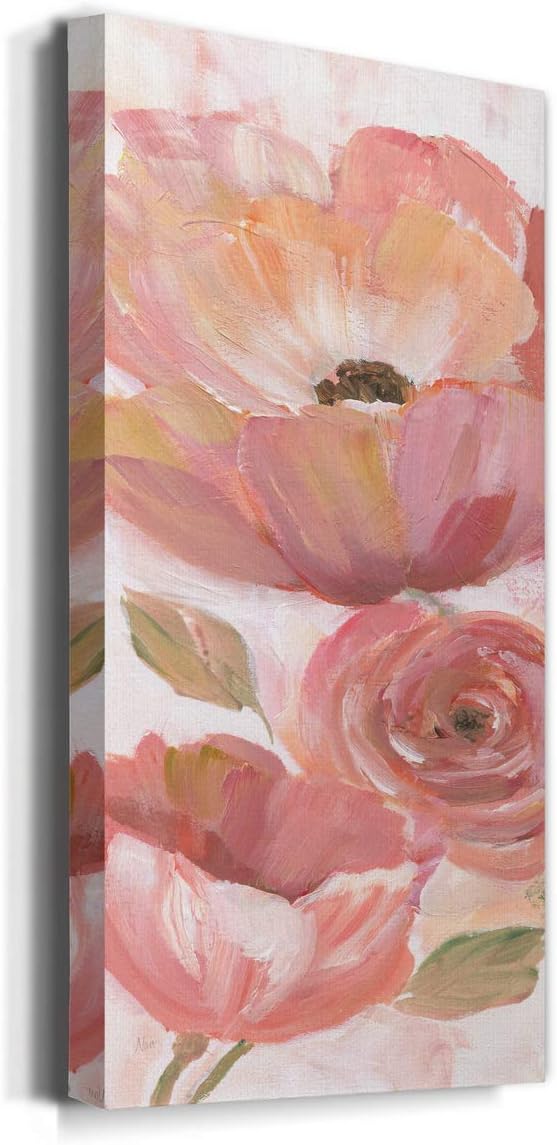 Renditions Gallery Canvas Floral Wall Art Home Paintings & Prints Pink Blooming Flowers Romantic Modern Vibrant Wall Hanging Decorations for Bedroom Office Kitchen - 12"x24" LT43