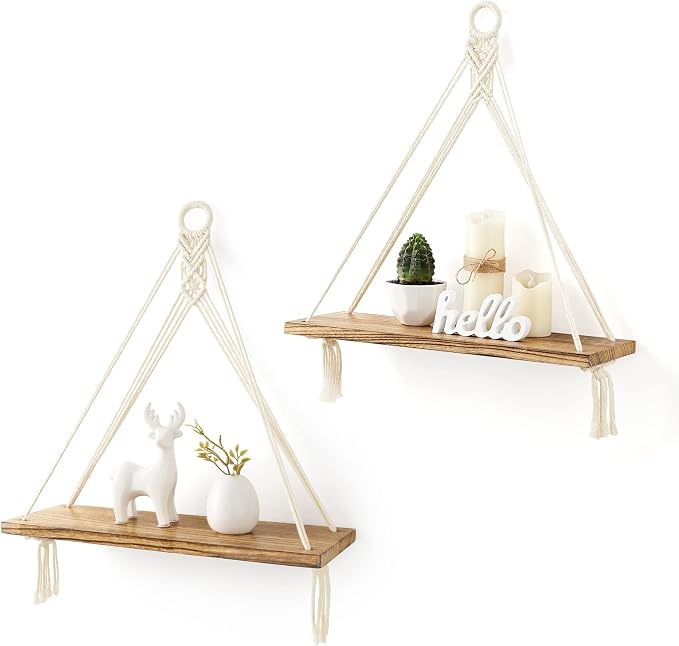 Mkono Macrame Hanging Shelves Boho Wall Decor Set of 2 Floating Wood Shelf