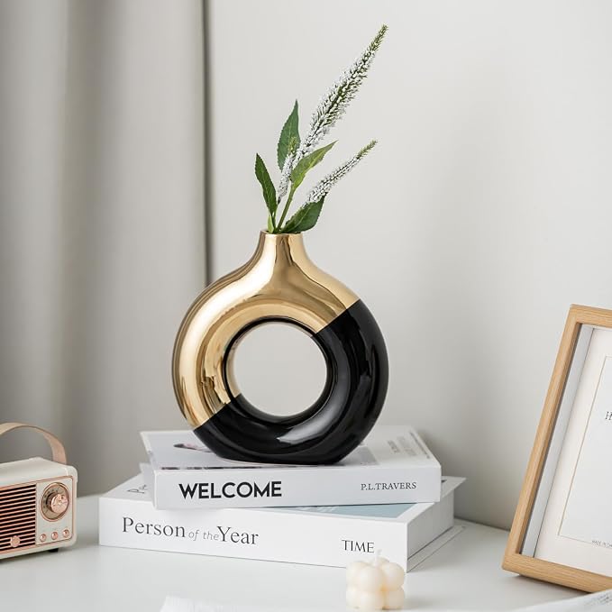 White and Gold Donut Vase, Modern Ceramic Vase for Pampas Grass, Perfect Centerpiece for Weddings, Living Room, and Office Decor (Black Gold, S)