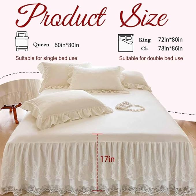 Lace Bed Skirt & Bedsheet King Size - 17 in. Drop, Easy Fit Ruffled Bedskirt Wrap Around Bedcover, Anti Wrinkle & Fade
