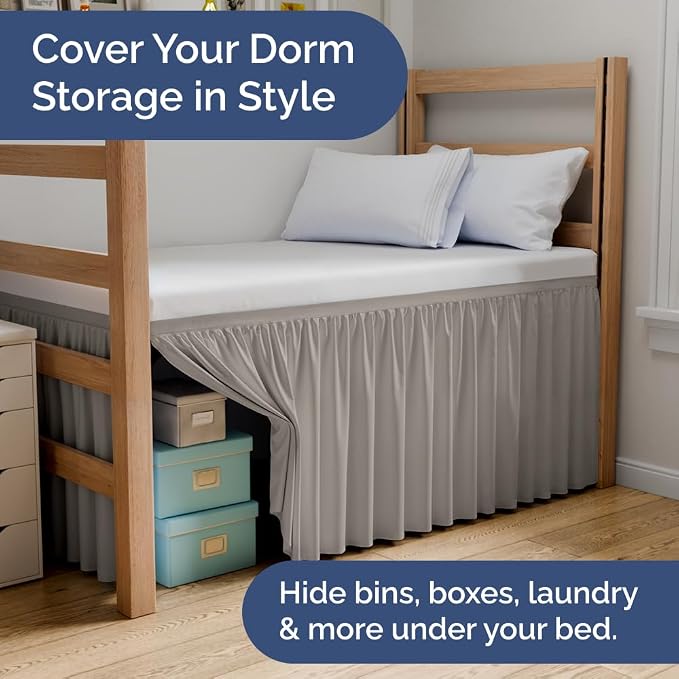 Dorm Room Bed Skirt Full XL - College Dorm Essentials - Light Grey, 36 Inch | Extra Long Dust Ruffled College Bedskirt with Split Corners, Easy Fit Elastic Strap, Adjustable, Fade & Wrinkle Free