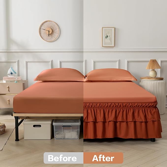 Double-Layered Ruffled Bed Skirt,Orange Red,King/Cal King, 14" Drop | Wrap Around, Adjustable Elastic, 2 Layer, Machine Washable Soft Fabric, Multi Ruffle Bedskirt