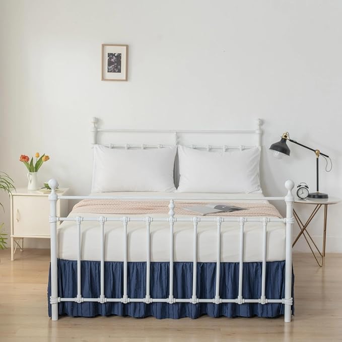 Dust Ruffle Bed Skirt, Full Size Beds - 16 Inch Drop, Blue | Striped Boho Tufted, Split Corners, Easy Fit, Wrinkle & Fade Free, for Women, Men, Kids & Teens