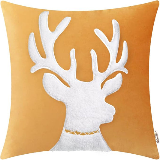 BRAWARM Christmas Pillow Cover 20 X 20 Inches, Gold Reindeer Embroidered Pillow Cover, Soft Velvet Decorative Throw Pillow for Couch Bed Sofa Living Room Home
